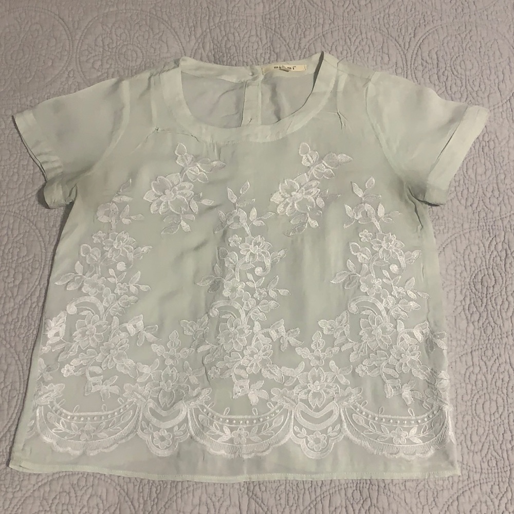 Light mint top with white lace detail, size S.